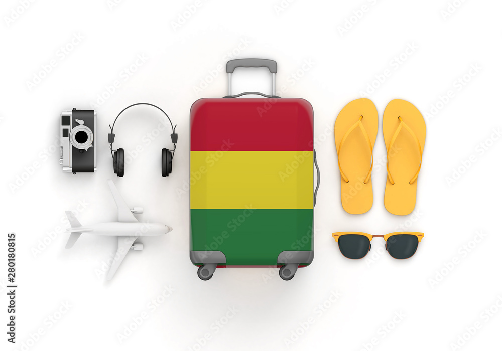 Bolivia flag suitcase and travel accessories lay flat. 3D Render Bolivia flag suitcase and travel accessories lay flat. 3D Render