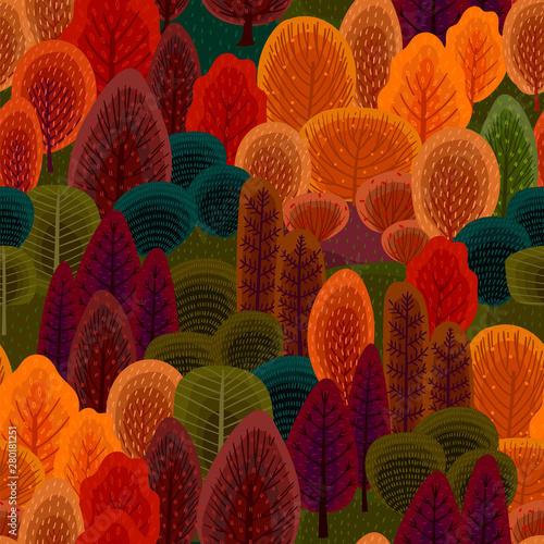 Abstract seamless pattern with autumn forest. Trees, bushes, grass, foliage.