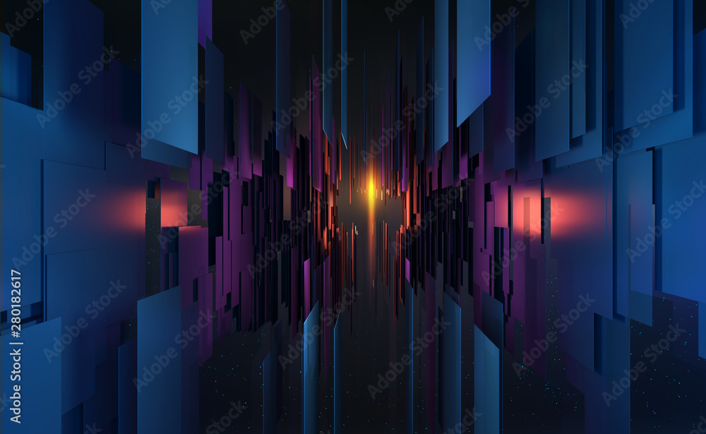 Fototapeta premium Abstract purple, neon background. Digital technology. Concept of high tech internet network. 3D illustration of processor of future in orbital cyber tunnels