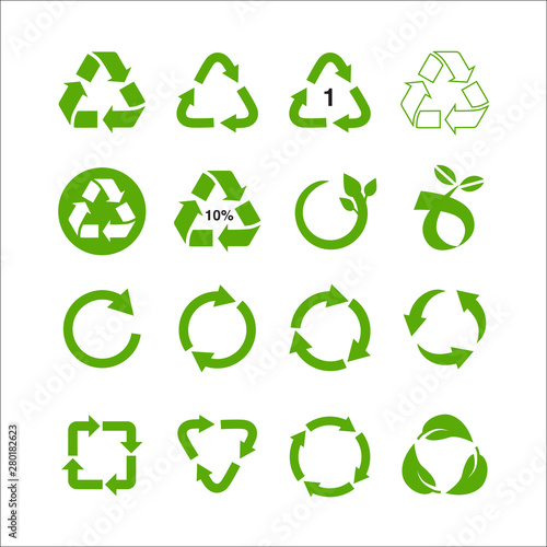 Recycle and ecology icons collection reuse refuse concept, recycled paper and industrial package marks vector illustration isolated on white background