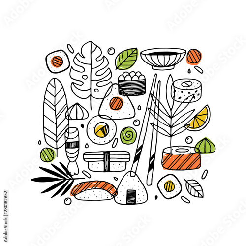 Sushi doodle composition. Linear graphic. Kid design. Scandinavian style. Vector illustration