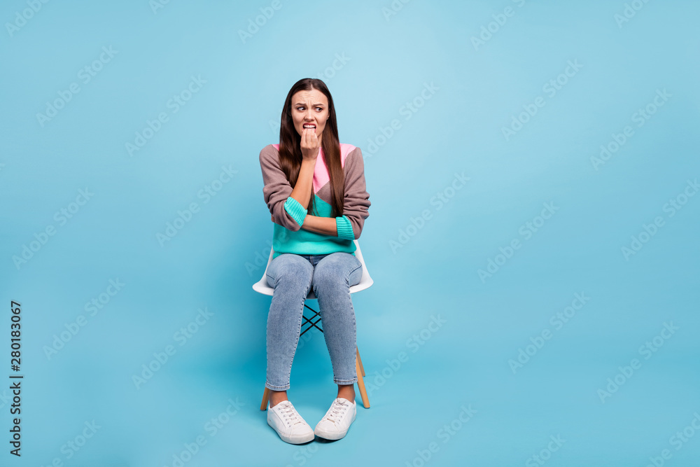 Full body length size photo of sad feeling shy awkward clumsy lady having bad anticipation Full body length size photo of sad feeling shy awkward clumsy lady having bad anticipation