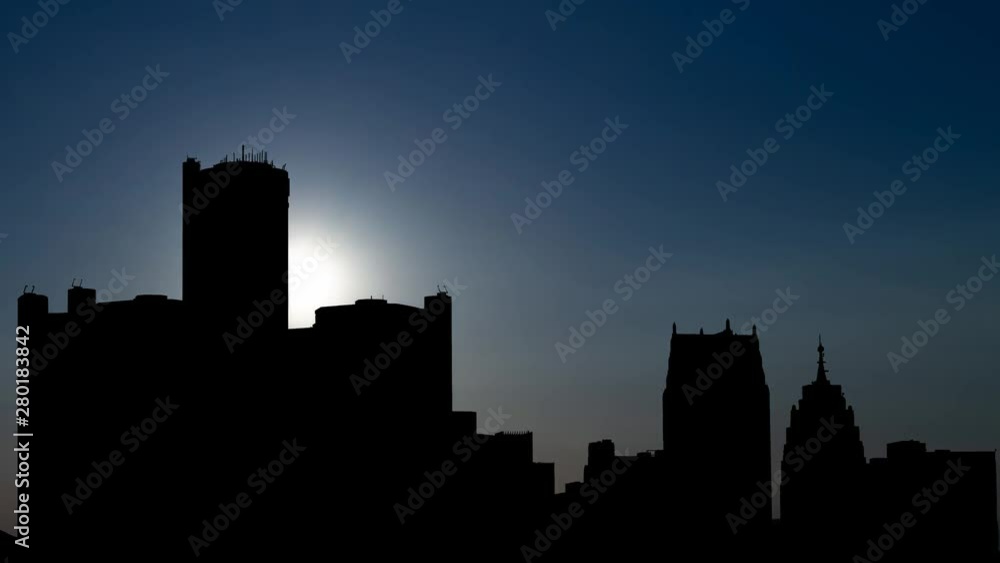 Detroit Skyline at Sunset, Time lapse with Colorful Sky , Michigan, USA Detroit Skyline at Sunset, Time lapse with Colorful Sky , Michigan, USA