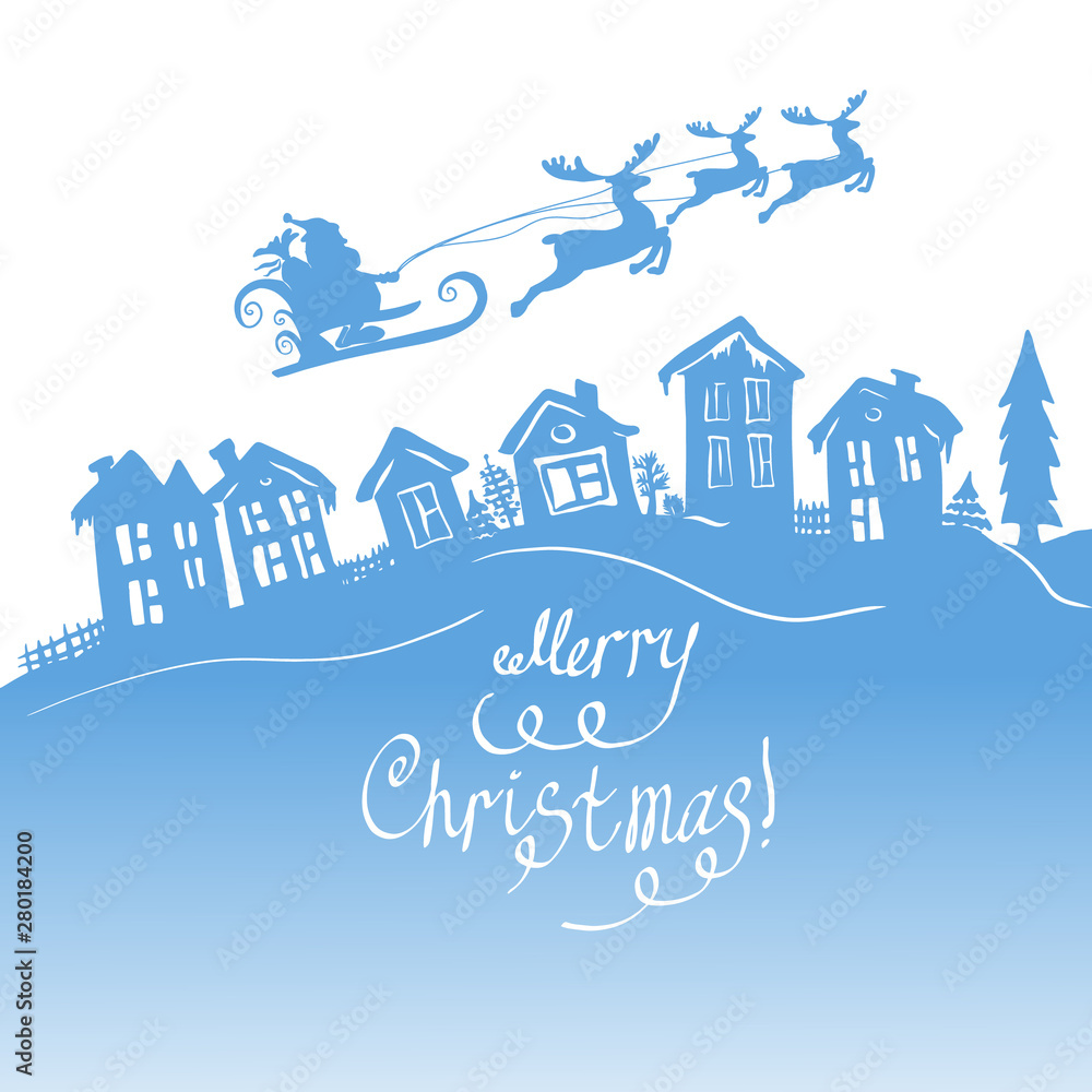 Fototapeta premium Santa Claus silhouette in a sleigh with deer. Vector