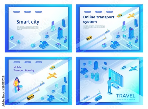 Mobile transportation online service landing page template set, travel booking app concept, 3d isometric vector, smart city, smartphone, airplane, bus, girl searching in internet, ux design