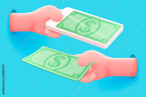 Vector site banner concept - cartoon 3d realistic hand holding mobile phone and with dollar banknote. Mobile money exchange concept.