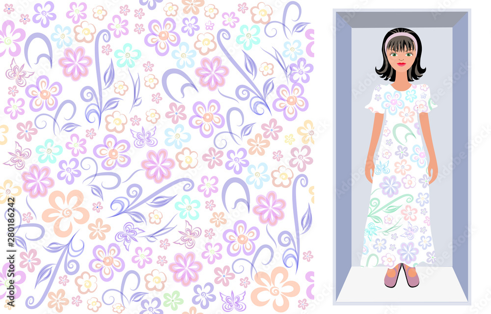 Vector seamless floral pattern for design of cotton fabric, silk. Cartoon doll in a box in a floral pattern swatch Vector seamless floral pattern for design of cotton fabric, silk. Cartoon doll in a box in a floral pattern swatch