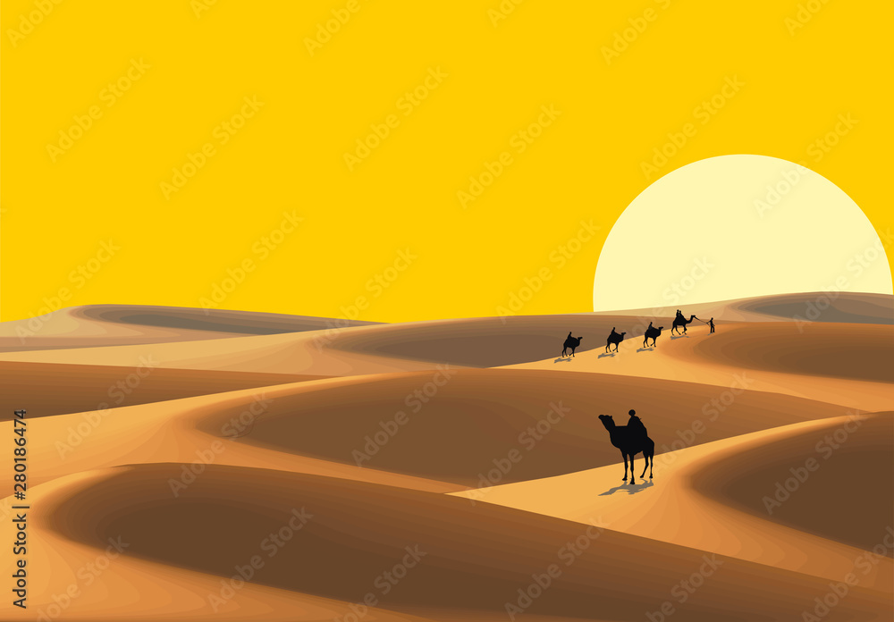 Sandy desert, caravan in the desert. Ghost town in the desert