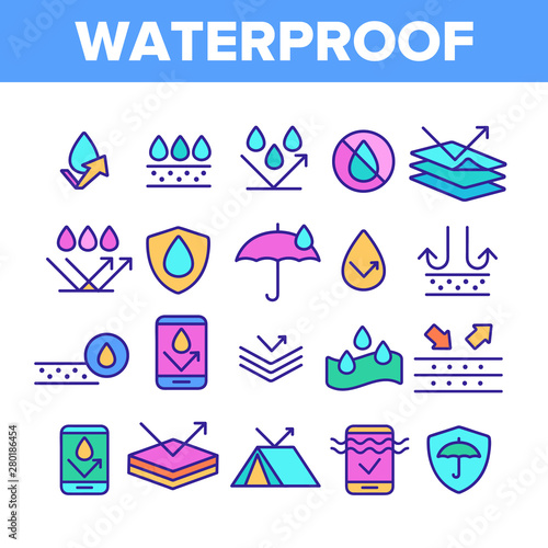 Color Waterproof, Water Resistant Materials Vector Linear Icons Set. Waterproof, Surface Protection Outline Cliparts. Hydrophobic Fabric Pictograms Collection. Anti Wetting Material Illustration