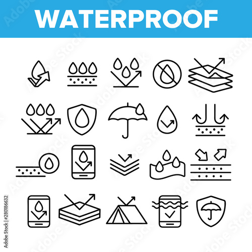 Waterproof, Water Resistant Materials Vector Linear Icons Set. Waterproof, Surface Protection Outline Cliparts. Hydrophobic Fabric Pictograms Collection. Anti Wetting Material Thin Line Illustration