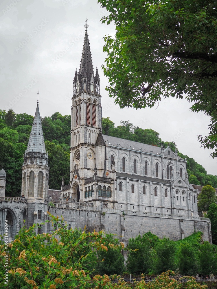 Sanctuary in Lourdes in France, cloudy weather