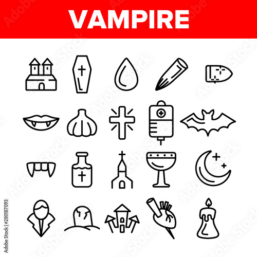 Protection From Vampire Vector Linear Icons Set. Weapons Vampire Hunter Outline Cliparts. Halloween Decoration Pictograms Collection. Garlic, Silver Bullets, Aspen Stake, Cross Thin Line Illustration
