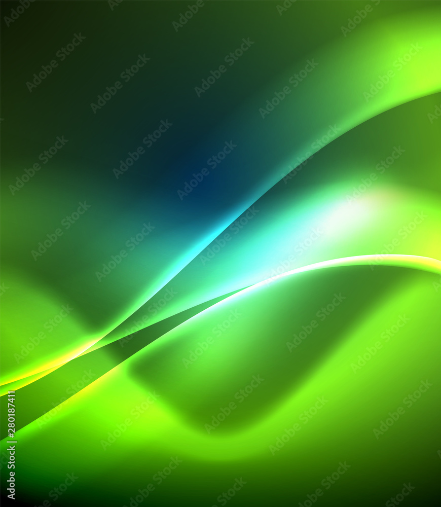 Naklejka premium Shiny color bright neon abstract wave template. Abstract bright light. Neon light glowing effect. Space background. Abstract shape