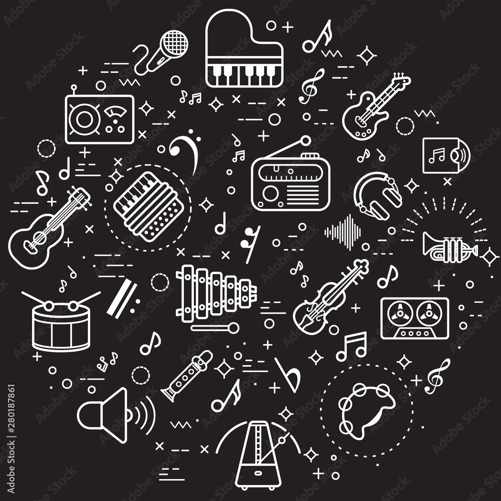 Simple Set of music and sound Related Vector Line Illustration. Contains such Icons as musical note, guitar, radio and instrument and Other Elements.  background color black