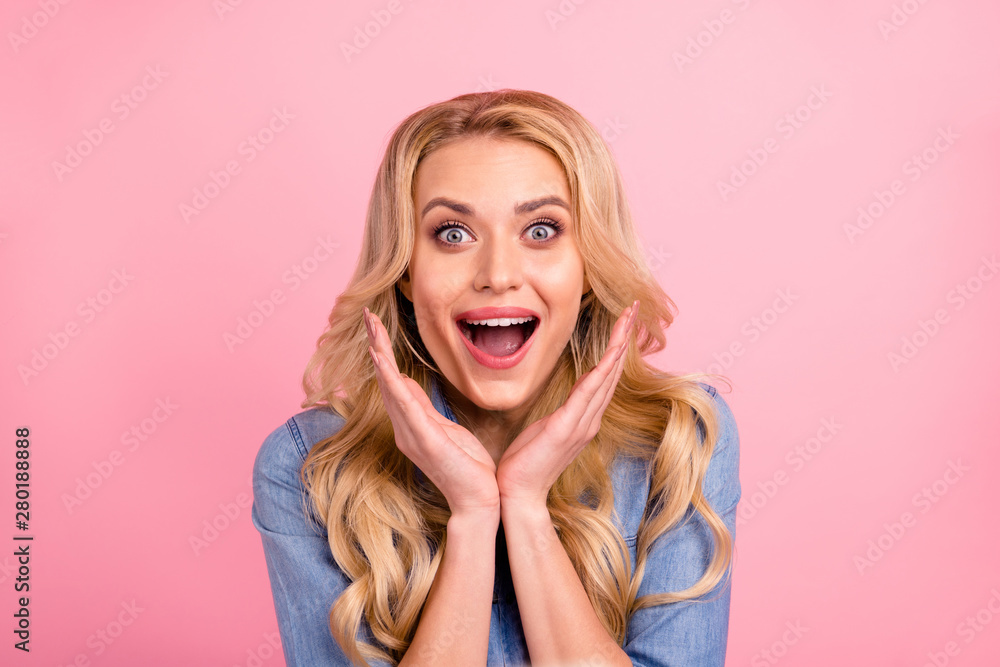 Closeup photo of pretty lady yelling loud had won lottery wear denim outfit isolated pink background Closeup photo of pretty lady yelling loud had won lottery wear denim outfit isolated pink background