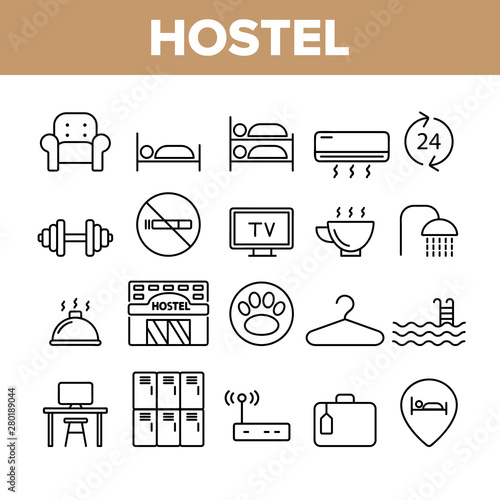 Hostel, Tourist Accommodation Vector Linear Icons Set. Hostel Facilities And Services. Outline Cliparts. Hotel Reservation Pictograms Collection. Hospitality Industry Thin Line Illustration