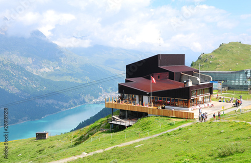Swiss Alps: The cable car stationb Furtschella above glacier lake Silvaplana photo