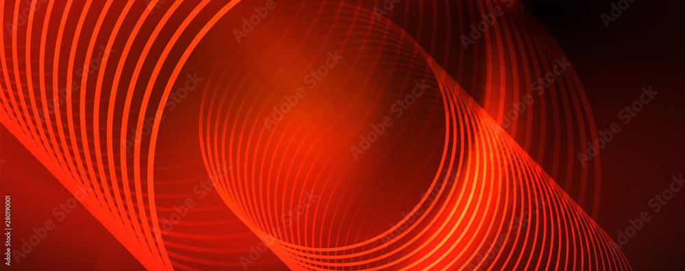 Bright neon circles and wave lines, glowing shiny background design template, digital techno concept.