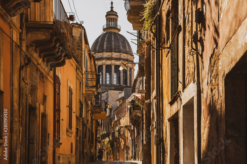 Dome of the San Giorgio Cathedral and main square of the old part Ragusa Ibla in Sicily, southern Italy