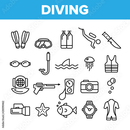 Scuba Diving Equipment Vector Linear Icons Set. Summer Vacation, Diving Water Sport Outline Cliparts. Active Sea Holiday Pictograms Collection. Extreme Activity, Snorkeling Thin Line Illustration