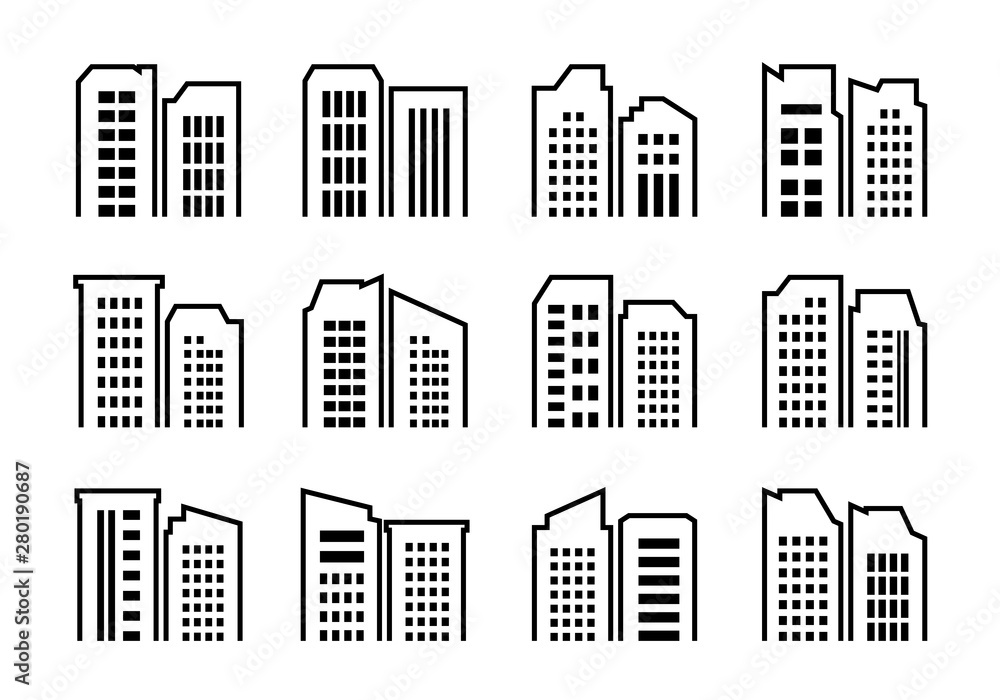 Company icons set, Buildings and bank vector collection on white background