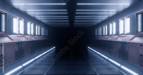 Fototapeta Naklejka Na Ścianę i Meble -  3d rendering. The fantastic corridor of the space station or the futuristic interior of the space ship in light blue neon lighting. Graphic illustration.