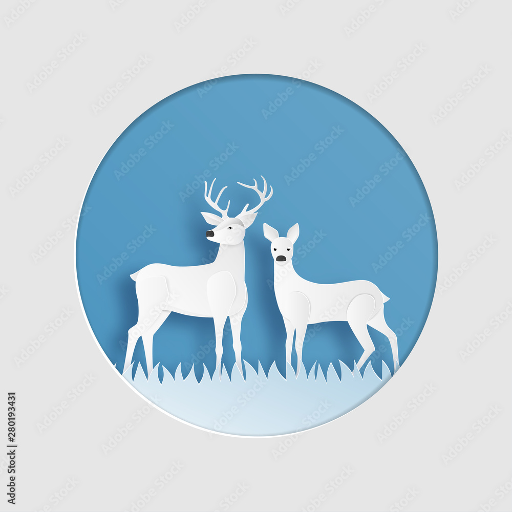 Love couple of reindeer in winter grass field in paper cut style. Creative vector illustration Christmas celebration. Valentines day concept. Backdrop, Poster, Brochure, Banner, Flyer, Greeting car