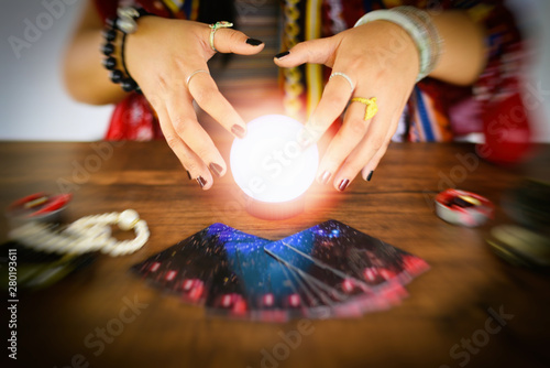 Εκτύπωση καμβά Psychic readings and clairvoyance concept - Crystal ball fortune teller hands an