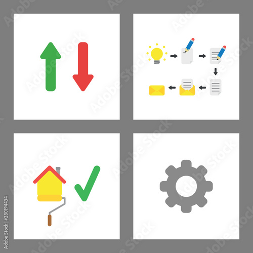 Icon concept set. Arrow up and down, idea, write and send email, painting house, gear. photo