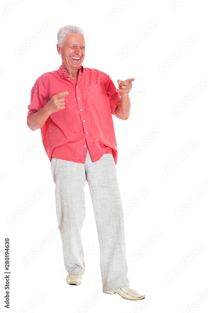 portrait of senior man showing something on white background portrait of senior man showing something on white background