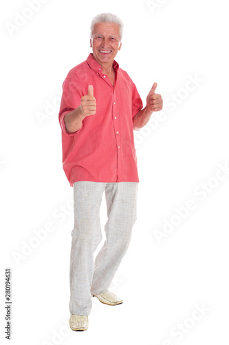 happy senior man showing thumbs up on white background