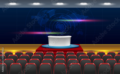 chairs and table on the stage in the hall