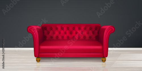 Fototapeta Naklejka Na Ścianę i Meble -  Red couch, sofa on black wall and light wood floor background. Classic design furniture of leather, fabric buttoned quilted upholstery, modern dwelling interior design Realistic 3d vector illustration