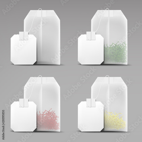 Tea bags set isolated on grey background, teabags collection of blank mockup, green, red, yellow dry herbs in packages, organic healthy beverage advertising mock up. Realistic 3d vector illustration
