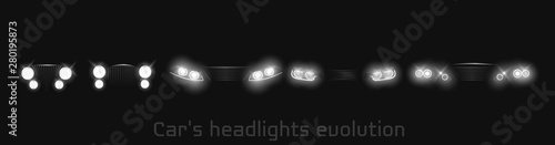 Car headlights evolution, glowing front view headlamps timeline from retro automobile to modern luxury xenon, laser or LED vehicle lamps isolated on black background realistic 3d vector illustration