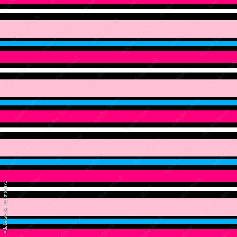 Vector seamless pattern. Pink, blue and white horizontal stripes on black background. Vector seamless pattern. Pink, blue and white horizontal stripes on black background.