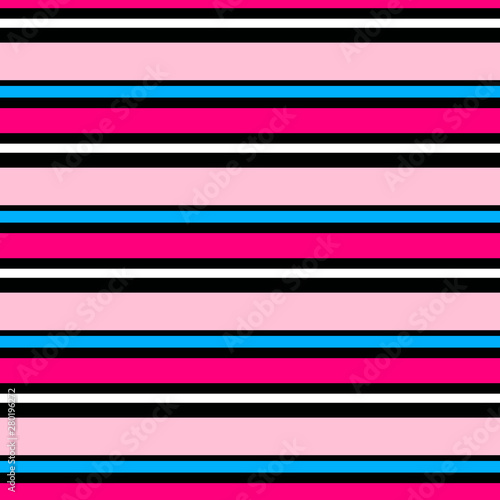 Vector seamless pattern. Pink, blue and white horizontal stripes on black background.
