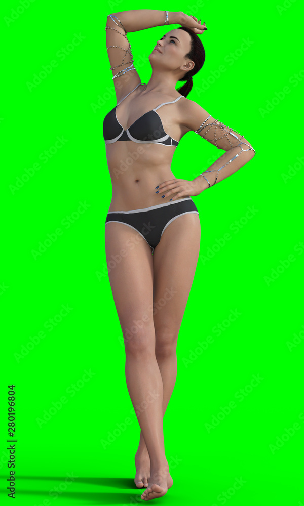 Naklejka premium Beauty and health of the female body. Confident and proud beautiful woman in a gray swimsuit and jewelry on her hands proud of her body. 3d render
