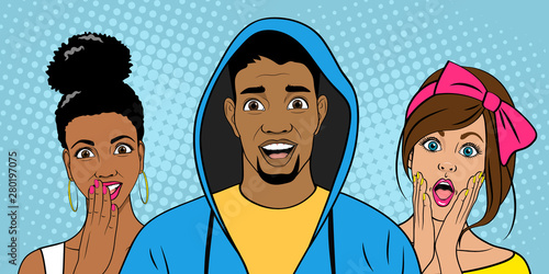 Surprised people in Pop Art Style. Amazed happy men and women. Human emotions. Sale. Wow faces. Vector illustration in comic style