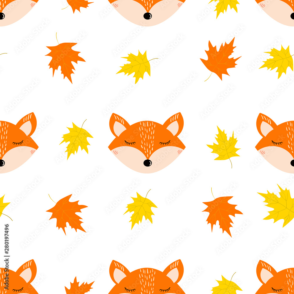 Fototapeta Autumn seamless pattern with cute fox face, leaves on the white background
