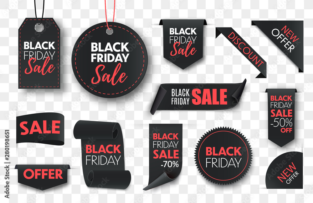 Black friday sale ribbon banners collection isolated. Vector price tags isolated on black background.
