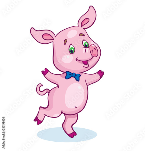 Little funny dancing piglet. In cartoon style. Isolated on white background.
