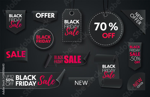 Black friday sale ribbon banners collection isolated. Vector price tags isolated on black background.