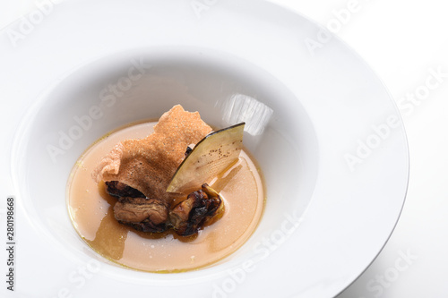 Fine dining appetizer, smoked aubergines soup