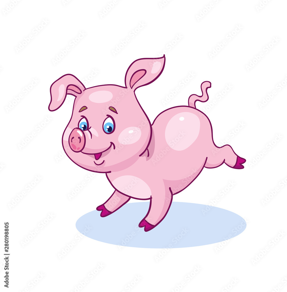 Naklejka premium Little piglet jumping fun on the meadow. In cartoon style. isolated on white background.