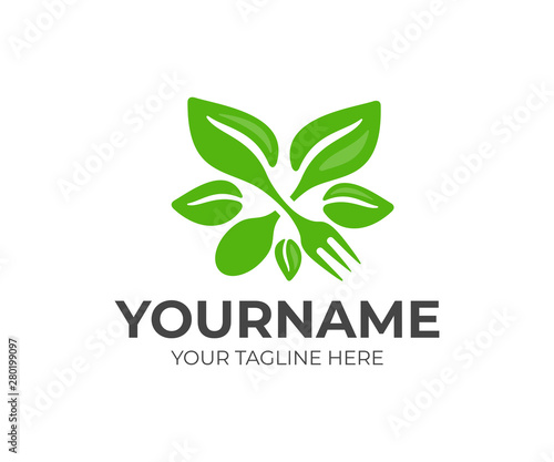 Food and drink, fork, spoon and leaves, logo design. Vegetarian food, organic and natural meal, eatery and restaurant, vector design and illustration