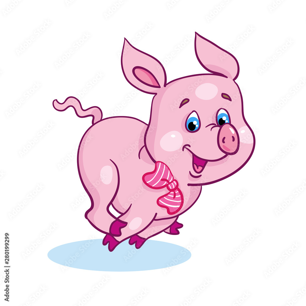 Funny little running piglet isolated on a white background. In cartoon style.