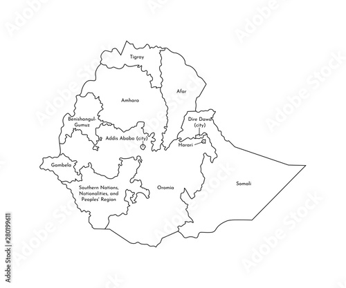 Vector isolated illustration of simplified administrative map of Ethiopia. Borders and names of the regions. Black line silhouettes