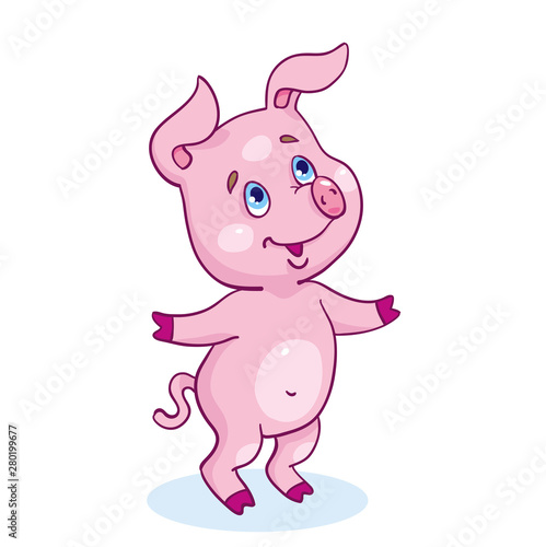  Little cute piglet stands isolated on a white background. In cartoon style.