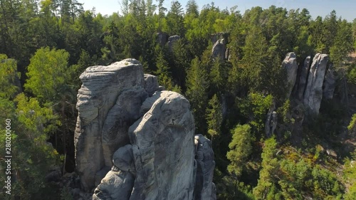 TURNOV, CZECH REPUBLIC - JUNE, 2019: Aerial drone view of a beautiful landscape of National Park Cesky Raj near Prague. photo